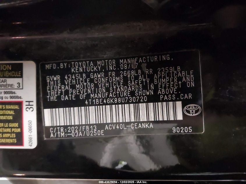 2008 Toyota Camry VIN: 4T1BE46K88U730720 Lot: 43829094