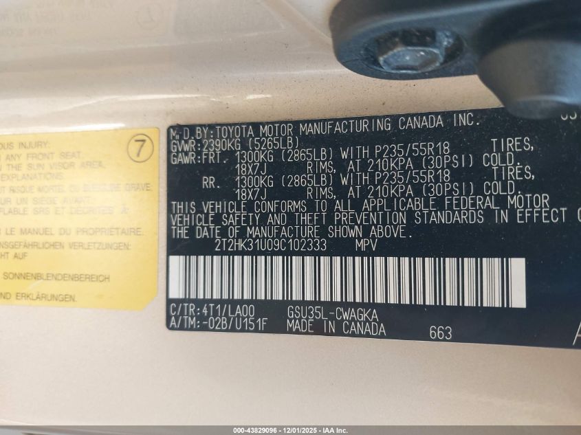 2009 Lexus Rx 350 VIN: 2T2HK31U09C102333 Lot: 43829096