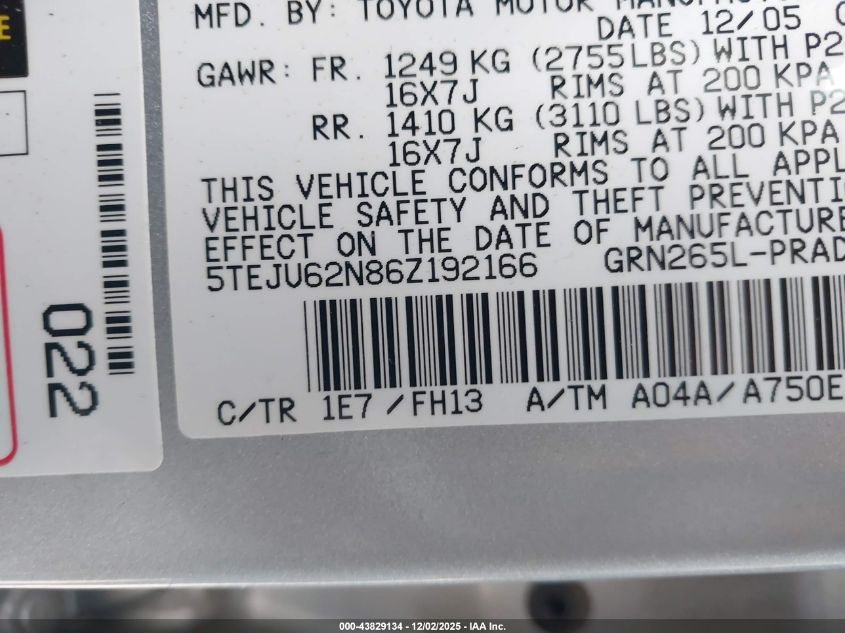 2006 Toyota Tacoma Prerunner V6 VIN: 5TEJU62N86Z192166 Lot: 43829134