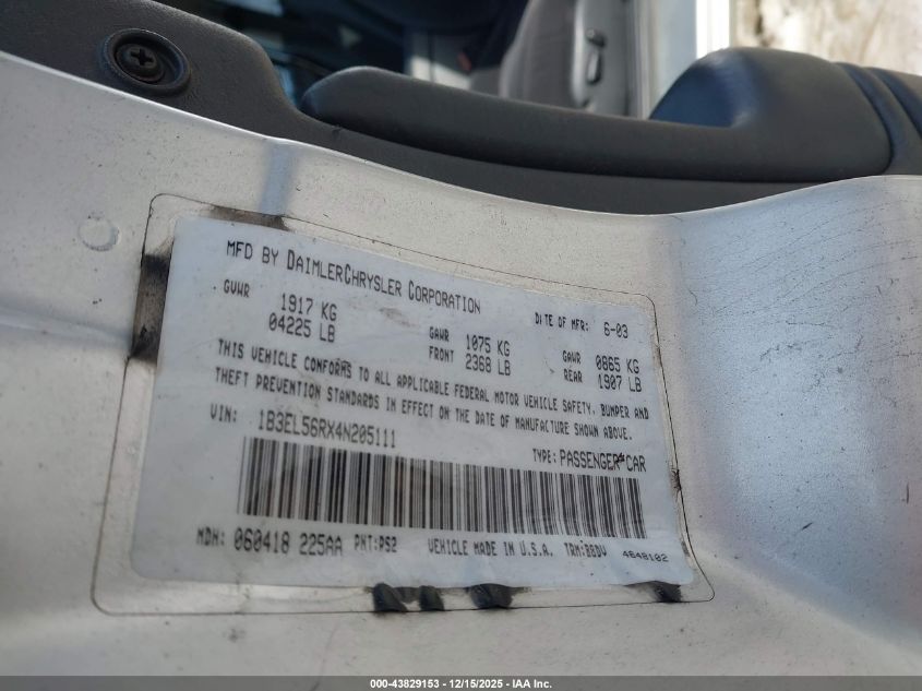 2004 Dodge Stratus Es VIN: 1B3EL56RX4N205111 Lot: 43829153