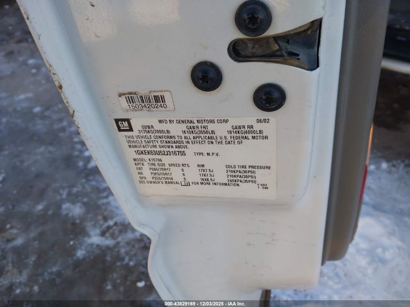 2002 GMC Yukon Denali VIN: 1GKEK63U52J316755 Lot: 43829169