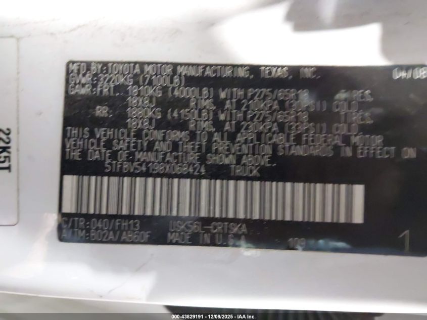 2008 Toyota Tundra Sr5 5.7L V8 VIN: 5TFBV54198X068424 Lot: 43829191