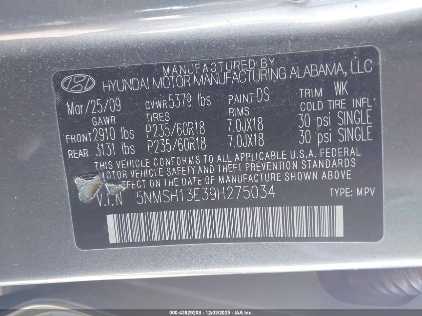 2009 Hyundai Santa Fe Limited VIN: 5NMSH13E39H275034 Lot: 43829208