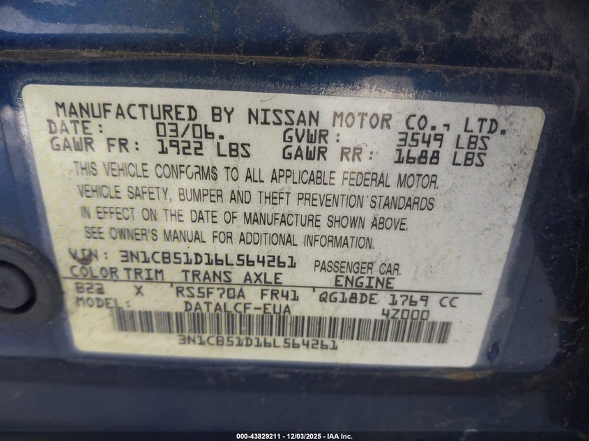 3N1CB51D16L564261 2006 NISSAN SENTRA photo no. 9