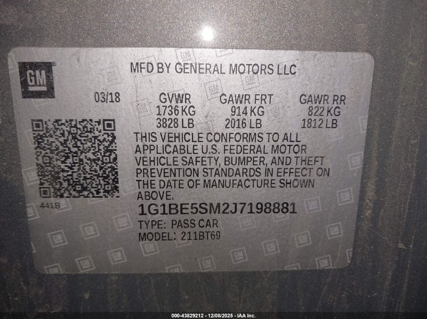 2018 Chevrolet Cruze Lt Auto VIN: 1G1BE5SM2J7198881 Lot: 43829212