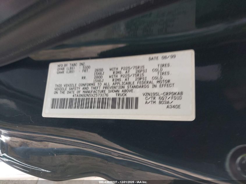 1999 Toyota Tacoma Prerunner V6 VIN: 4TASN92N5XZ573176 Lot: 43829227