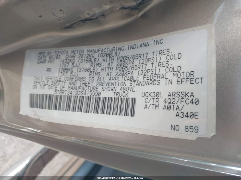 2003 Toyota Tundra Sr5 V8 VIN: 5TBRT34193S415590 Lot: 43829242