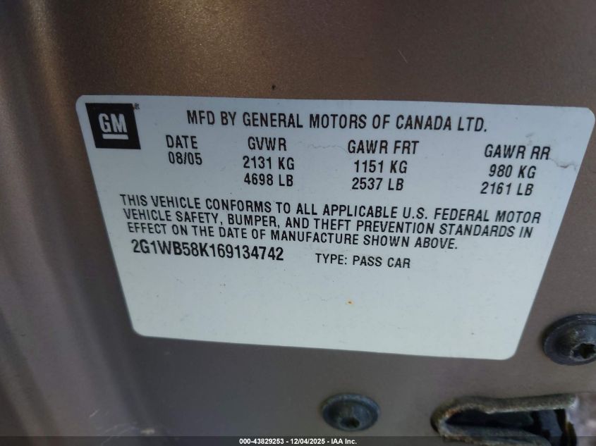 2006 Chevrolet Impala Ls VIN: 2G1WB58K169134742 Lot: 43829253