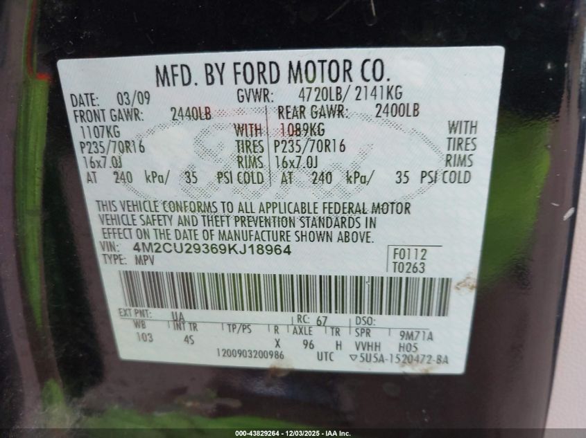 2009 Mercury Mariner Hybrid VIN: 4M2CU29369KJ18964 Lot: 43829264