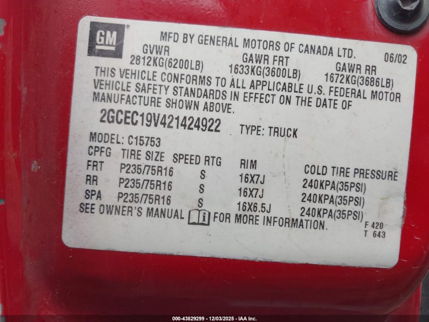 2002 Chevrolet Silverado 1500 Ls VIN: 2GCEC19V421424922 Lot: 43829299