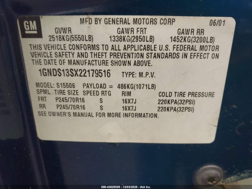 2002 Chevrolet Trailblazer Ls VIN: 1GNDS13SX22179516 Lot: 43829305