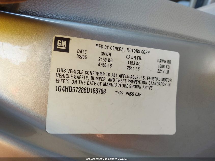 2006 Buick Lucerne Cxl VIN: 1G4HD57286U183768 Lot: 43829307