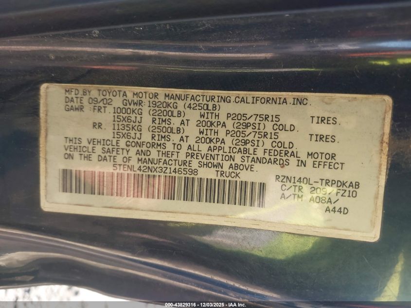 2003 Toyota Tacoma VIN: 5TENL42NX3Z146598 Lot: 43829316