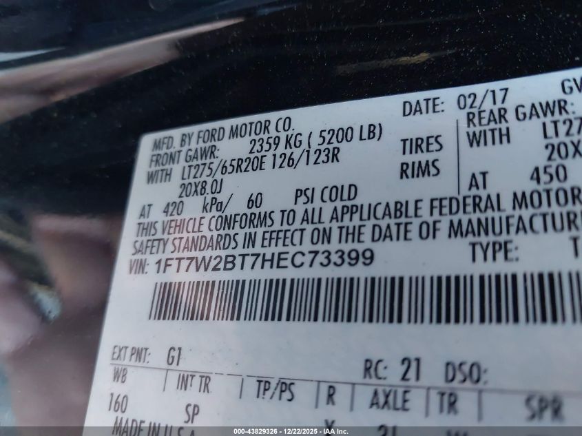2017 Ford F-250 King Ranch VIN: 1FT7W2BT7HEC73399 Lot: 43829326