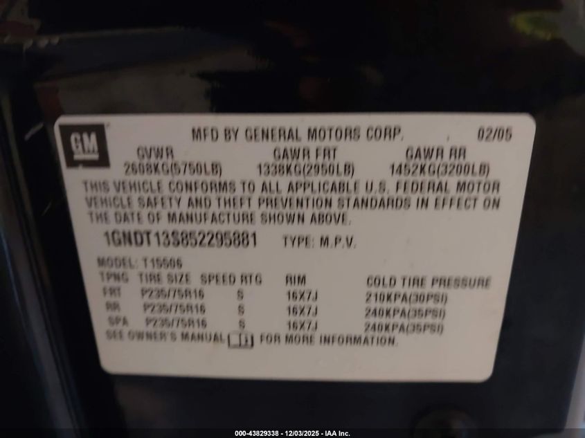 2005 Chevrolet Trailblazer Ls VIN: 1GNDT13S852295881 Lot: 43829338