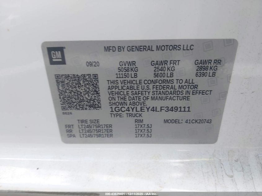 2020 Chevrolet Silverado 2500Hd 4Wd Standard Bed Wt VIN: 1GC4YLEY4LF349111 Lot: 43829401