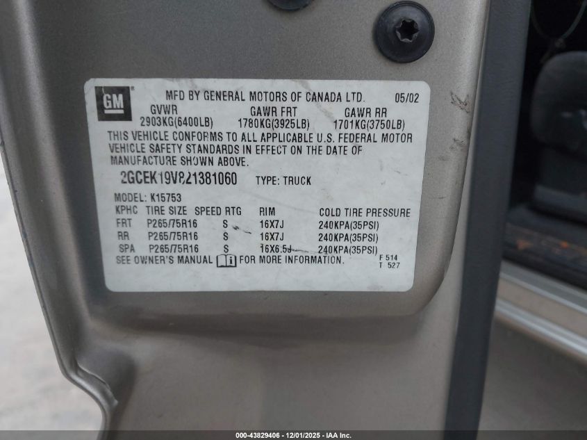 2002 Chevrolet Silverado 1500 Ls VIN: 2GCEK19V821381060 Lot: 43829406