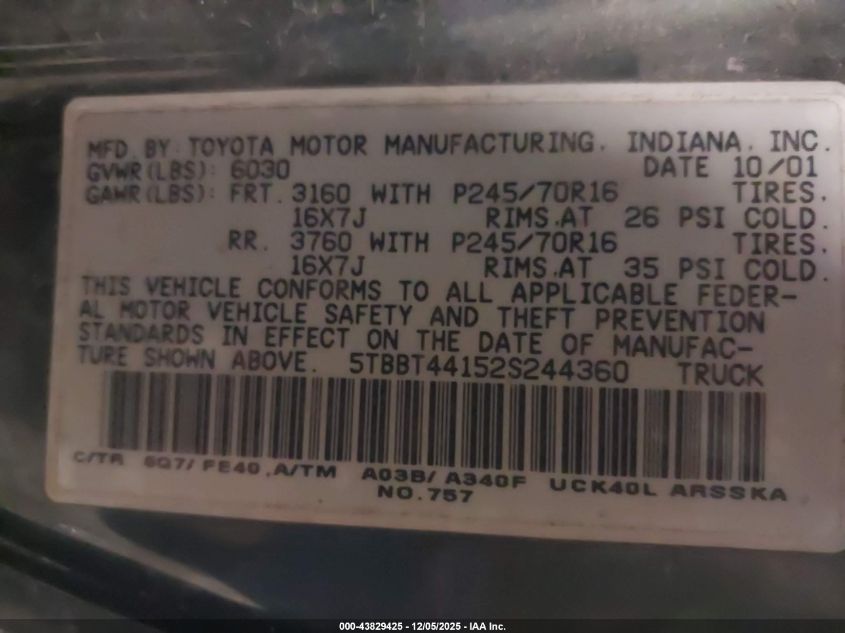 2002 Toyota Tundra Sr5 V8 VIN: 5TBBT44152S244360 Lot: 43829425