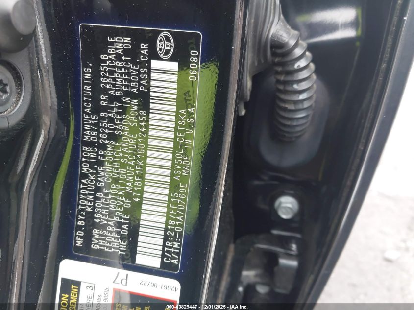 2016 Toyota Camry Se VIN: 4T1BF1FK1GU124458 Lot: 43829447