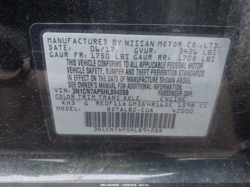 2017 Nissan Versa 1.6 Sv VIN: 3N1CN7AP5HL894288 Lot: 43829458