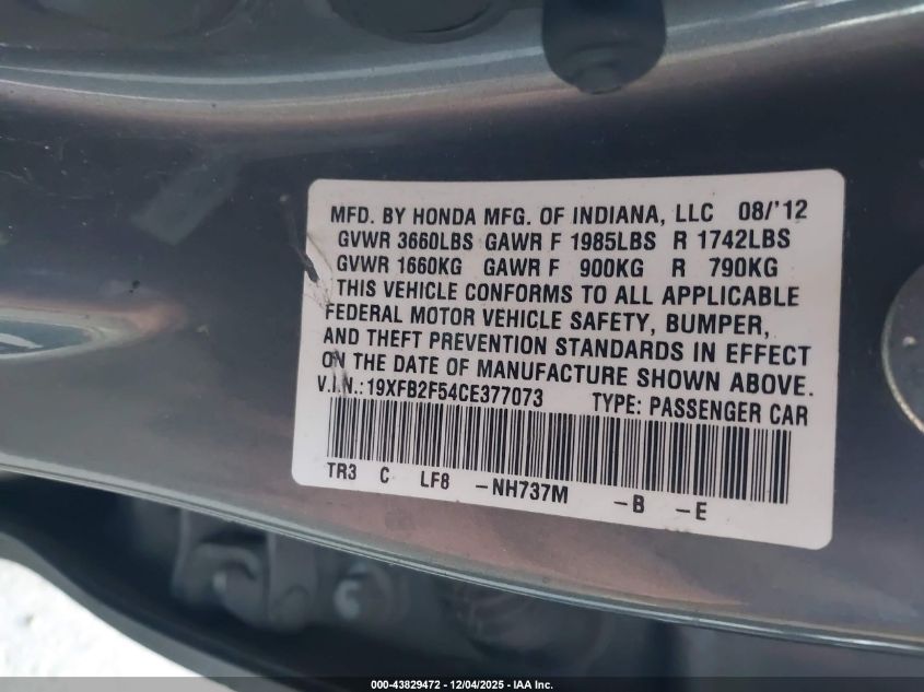 2012 Honda Civic Lx VIN: 19XFB2F54CE377073 Lot: 43829472