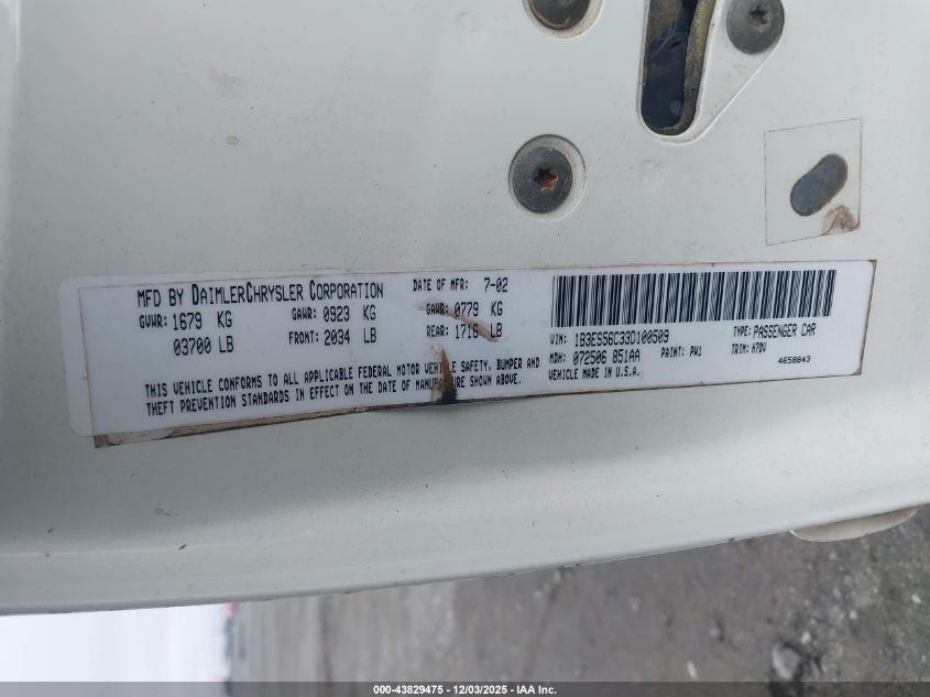 2003 Dodge Neon Sxt VIN: 1B3ES56C33D100509 Lot: 43829475