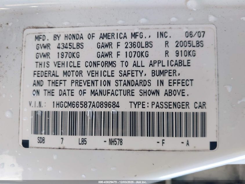 2007 Honda Accord 3.0 Ex VIN: 1HGCM66587A089684 Lot: 43829479