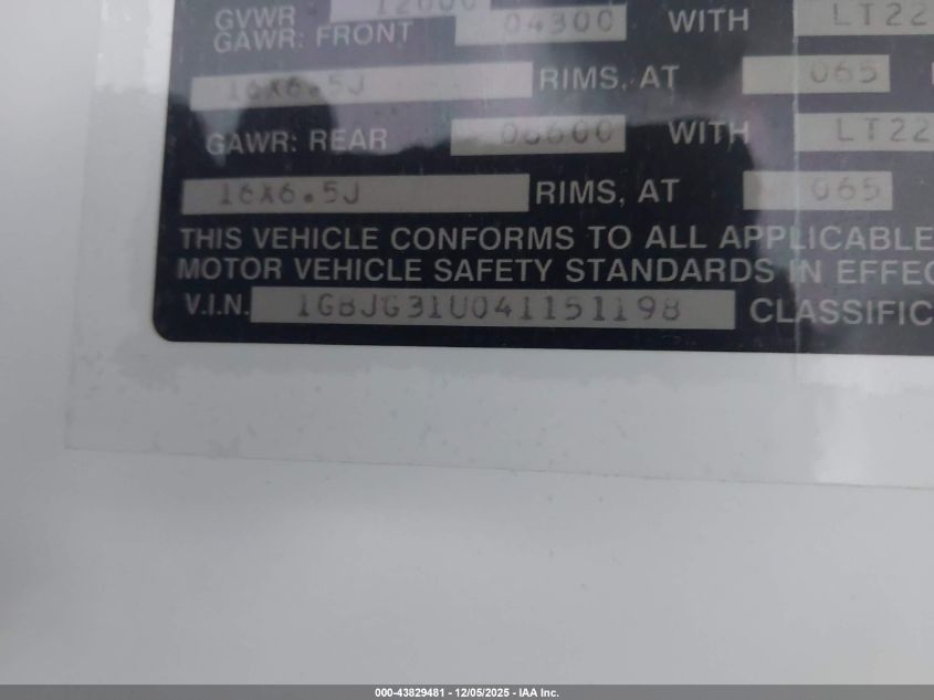 2004 Chevrolet Express Cutaway Base W/C7L/C7N VIN: 1GBJG31U041151198 Lot: 43829481