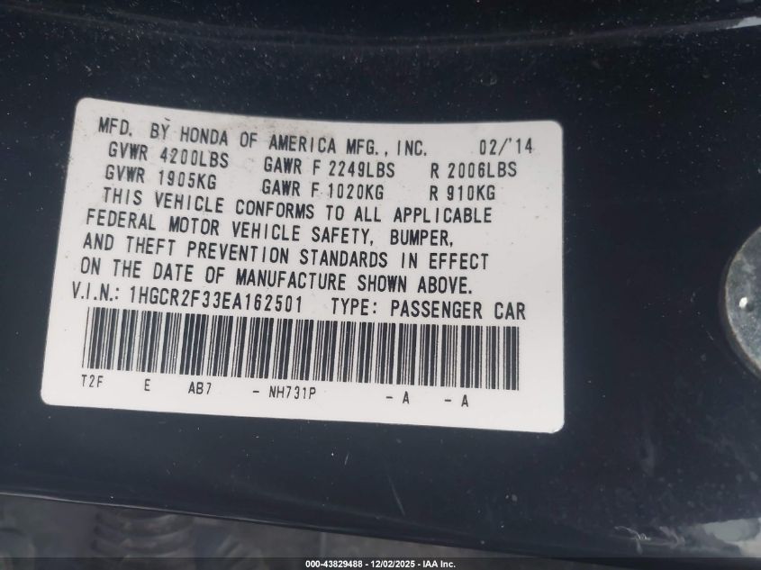 2014 Honda Accord Lx VIN: 1HGCR2F33EA162501 Lot: 43829488