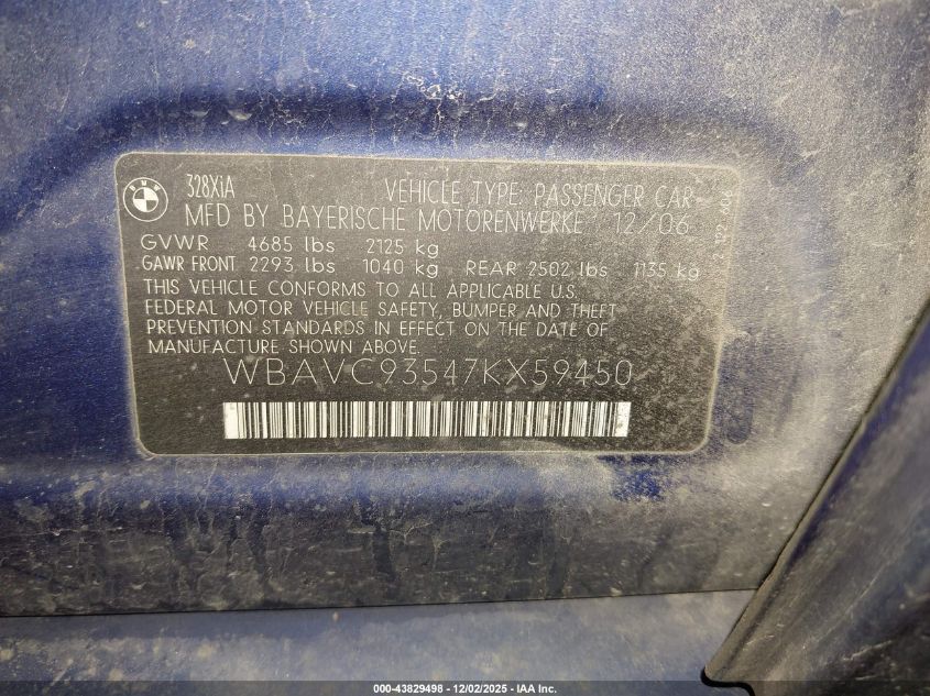 2007 BMW 328Xi VIN: WBAVC93547KX59450 Lot: 43829498