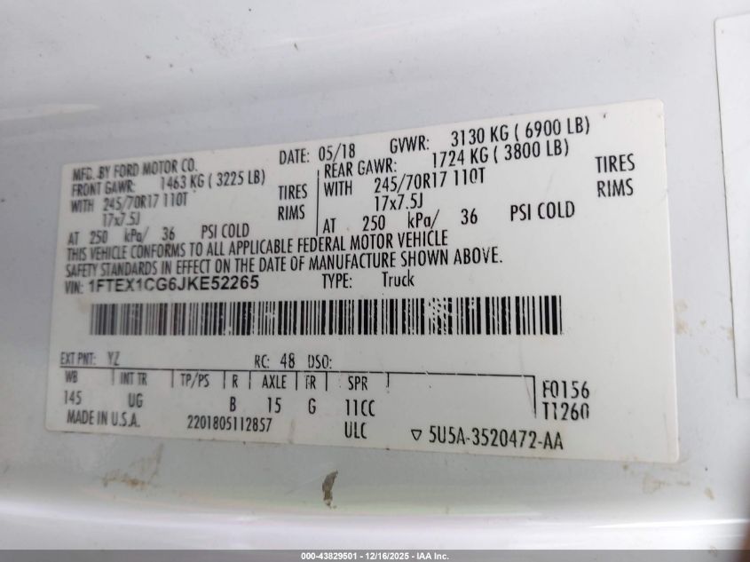 2018 Ford F-150 Xlt VIN: 1FTEX1CG6JKE52265 Lot: 43829501