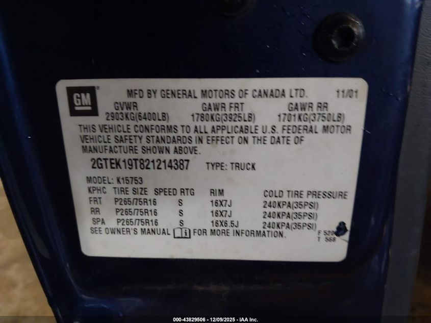 2002 GMC Sierra 1500 Sle VIN: 2GTEK19T821214387 Lot: 43829506