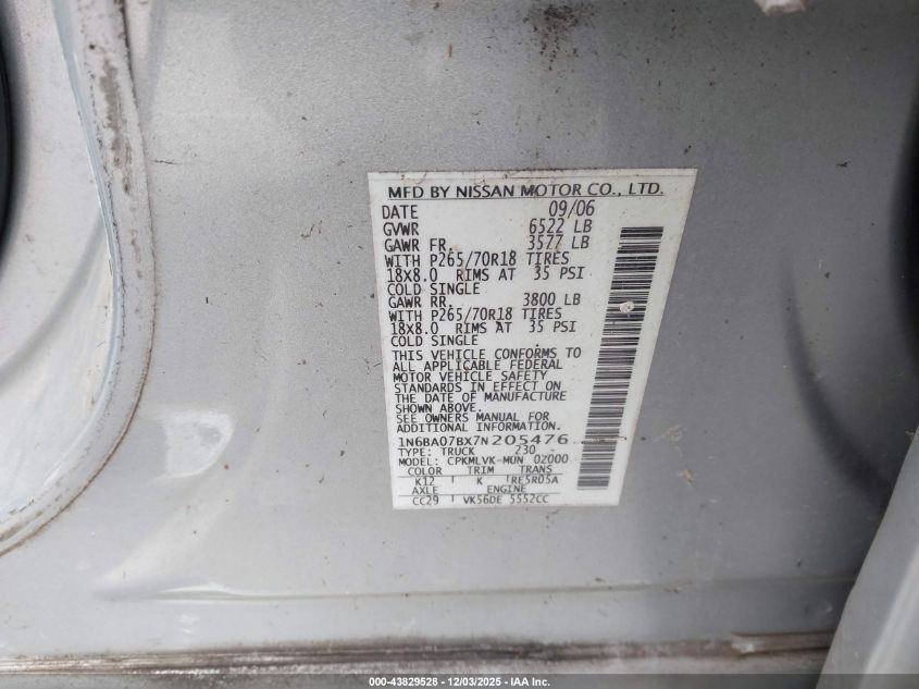 2007 Nissan Titan Le VIN: 1N6BA07BX7N205476 Lot: 43829528