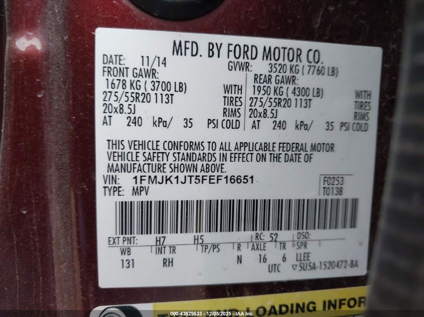 2015 Ford Expedition El King Ranch VIN: 1FMJK1JT5FEF16651 Lot: 43829533