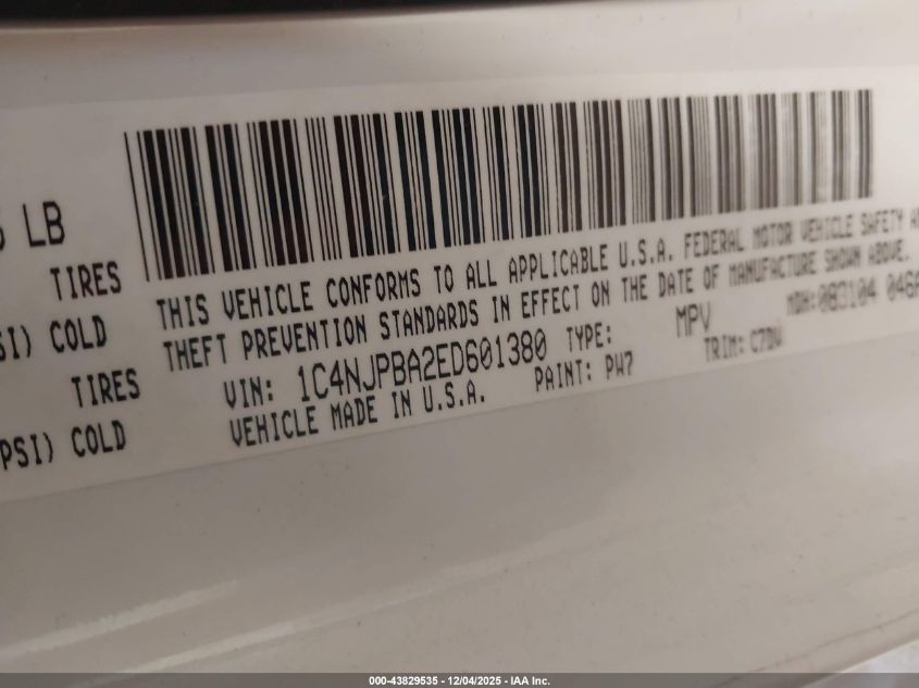 2014 Jeep Patriot Sport VIN: 1C4NJPBA2ED601380 Lot: 43829535