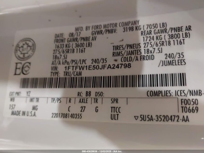 2018 Ford F-150 Xlt VIN: 1FTFW1E50JFA24798 Lot: 43829536