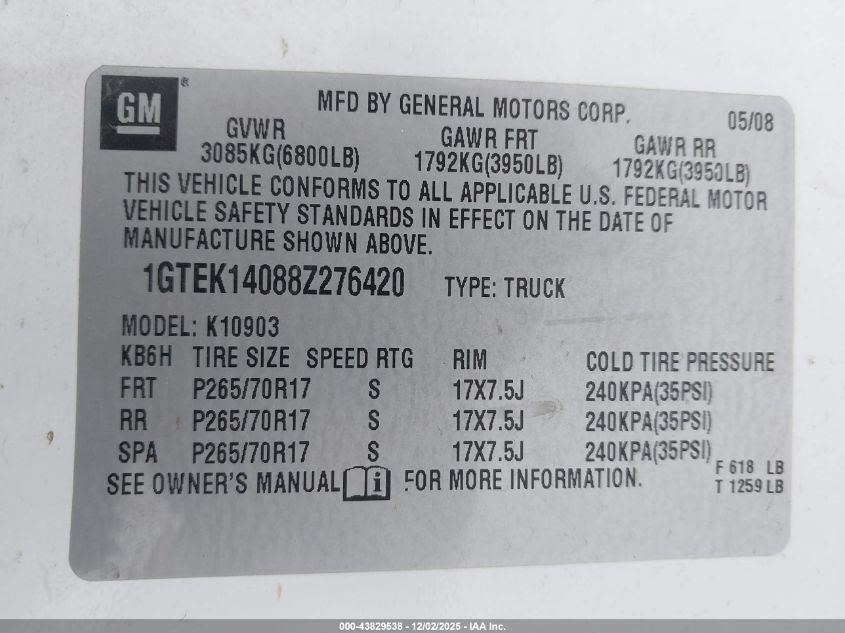 2008 GMC Sierra 1500 Work Truck VIN: 1GTEK14088Z276420 Lot: 43829538