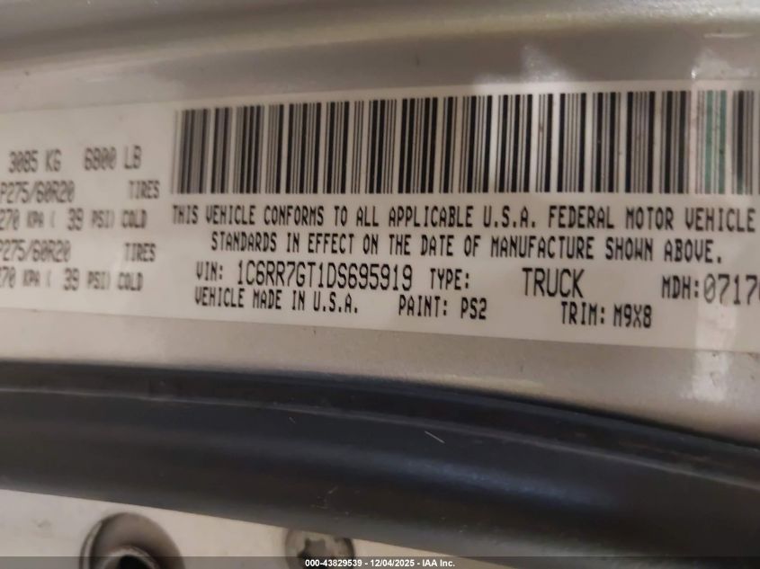 2013 Ram 1500 Big Horn VIN: 1C6RR7GT1DS695919 Lot: 43829539