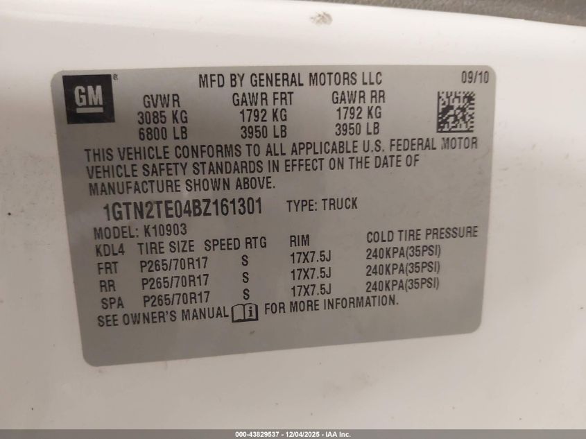 2011 GMC Sierra 1500 Work Truck VIN: 1GTN2TE04BZ161301 Lot: 43829537