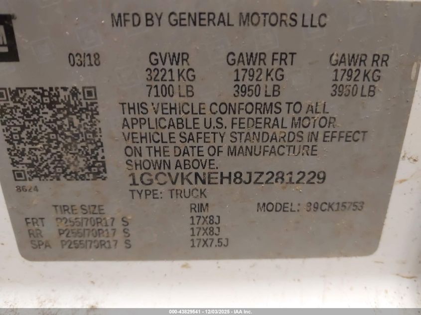 2018 Chevrolet Silverado 1500 Wt VIN: 1GCVKNEH8JZ281229 Lot: 43829541