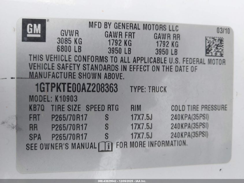 2010 GMC Sierra 1500 Work Truck VIN: 1GTPKTE00AZ208363 Lot: 43829542