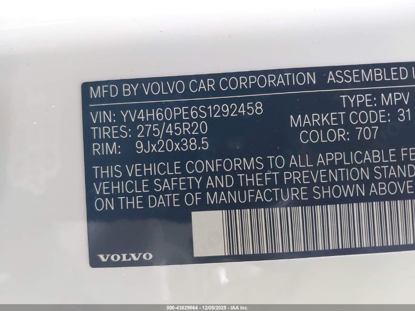 2025 Volvo Xc90 Plug-In Hybrid T8 Plus 7-Seater VIN: YV4H60PE6S1292458 Lot: 43829564