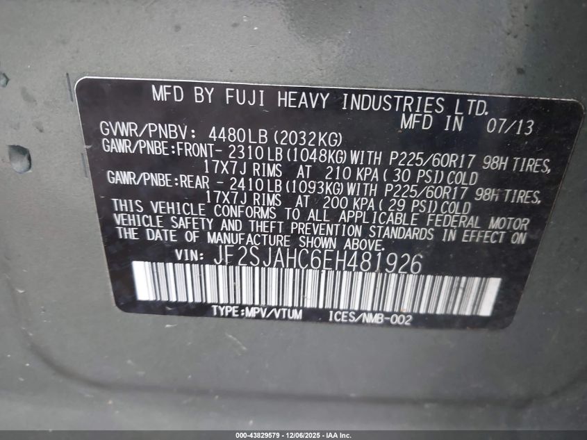 2014 Subaru Forester 2.5I Limited VIN: JF2SJAHC6EH481926 Lot: 43829579