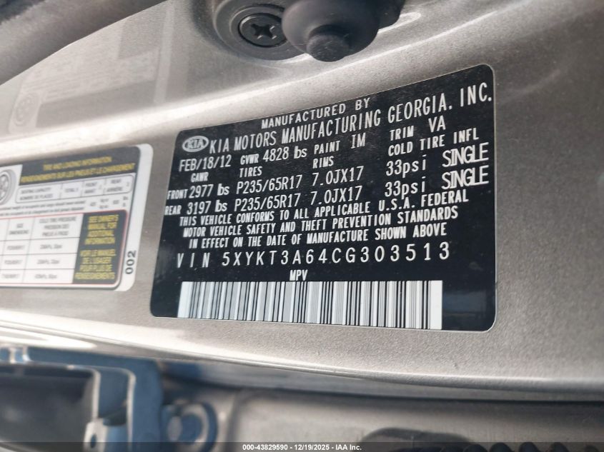 2012 Kia Sorento Lx VIN: 5XYKT3A64CG303513 Lot: 43829590