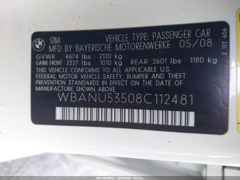 2008 BMW 528I VIN: WBANU53508C112481 Lot: 43829592