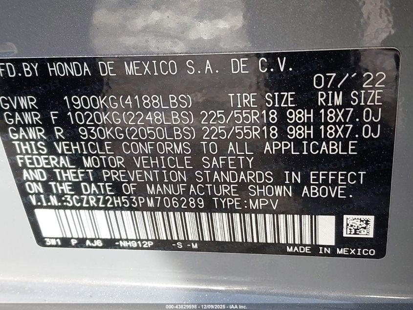 2023 Honda Hr-V Awd Sport VIN: 3CZRZ2H53PM706289 Lot: 43829598