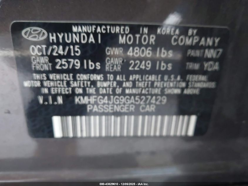 2016 Hyundai Azera VIN: KMHFG4JG9GA527429 Lot: 43829610