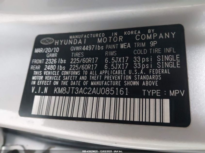 2010 Hyundai Tucson Gls VIN: KM8JT3AC2AU085161 Lot: 43829625