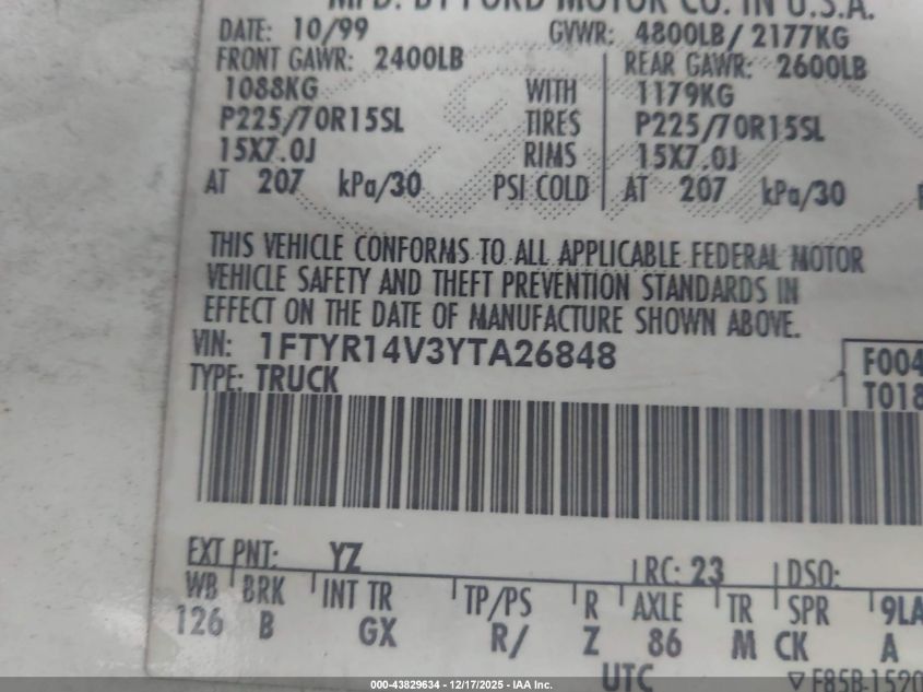 2000 Ford Ranger Xl/Xlt VIN: 1FTYR14V3YTA26848 Lot: 43829634