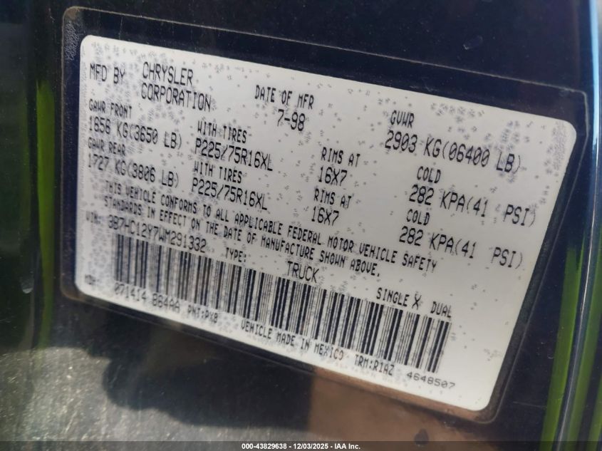 1998 Dodge Ram 1500 St VIN: 3B7HC12Y7WM291332 Lot: 43829638